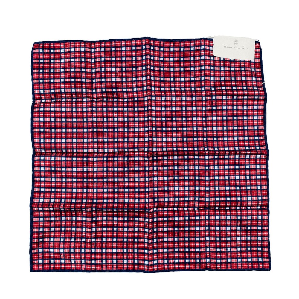 Brunello Cucinelli Red Blue Checked Pure Cotton Pocket Square NWT‎